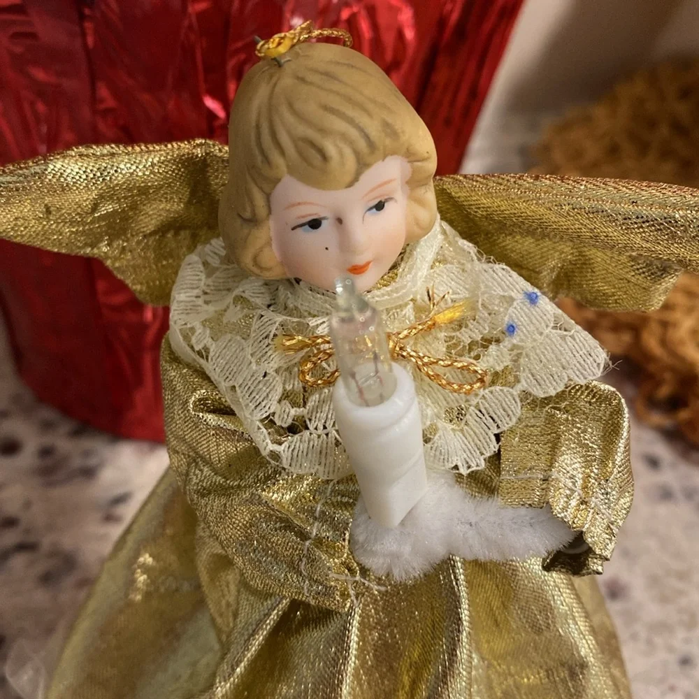Vintage Porcelain Gold Angel Holding Light Christmas tree topper or ornament ๐ - Picture 2 of 5